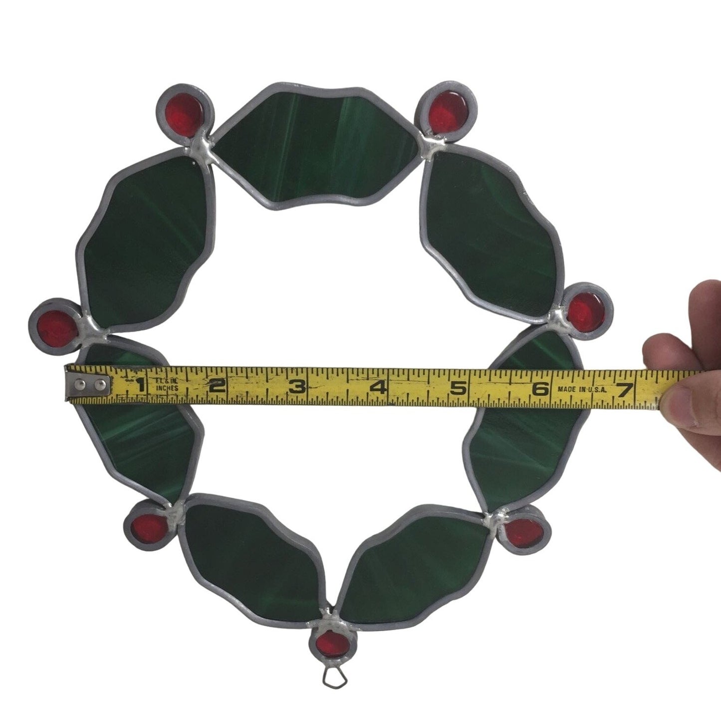 Vintage 1992 Red/Green Stained Glass Holiday Christmas Holly Wreath Window Hanging Ornament