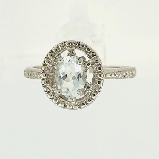 Lovely Floating Halo Oval Aquamarine Gemstone Ring with Diamond Accent - Sterling .925