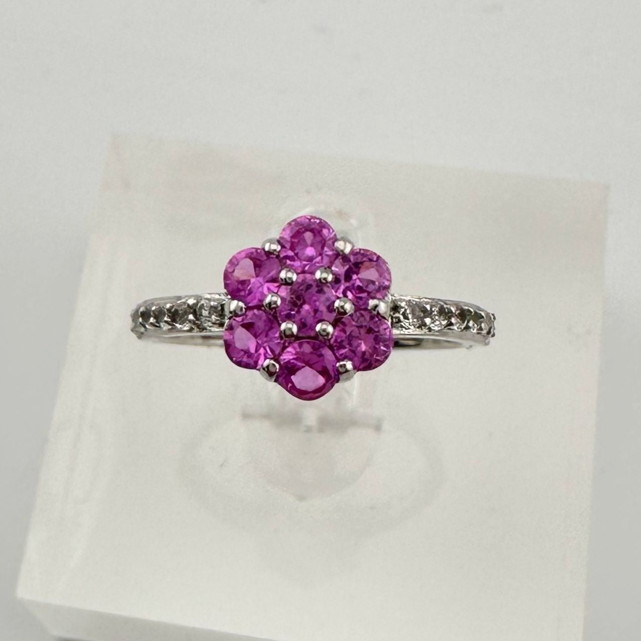 Pretty and Bright - Pink Lab Created Sapphire Petals Flower Ring - Sterling Silver Size 7.25