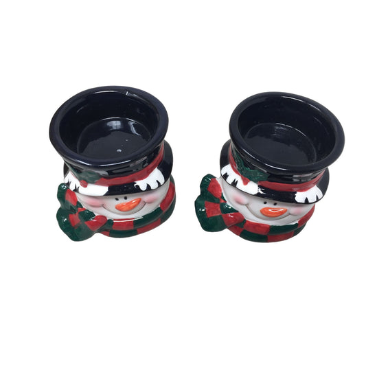 Holiday Time 2 pc Hand-painted Ceramic Snowman T-light Candle Holders