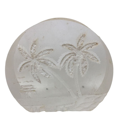 Vintage Carved Reverse Lucite Paperweight Hawaii Scene w/ Palm Trees