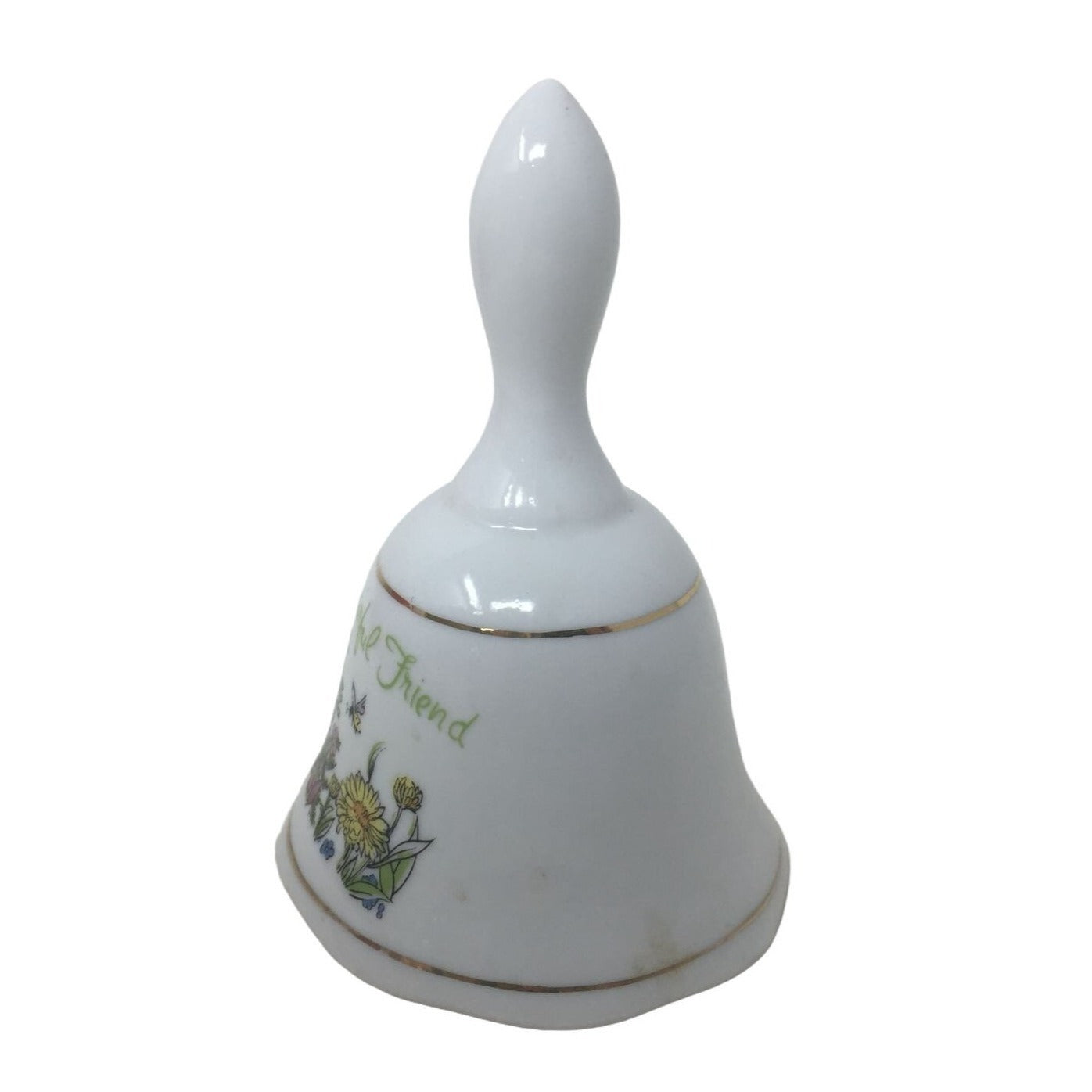 "To A Wonderful Friend" White Hand Bell with Butterflies and Flowers printed on it