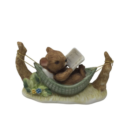 Vintage Enesco 1975 Figurine Mouse Laying in Hammock, Reading a Book