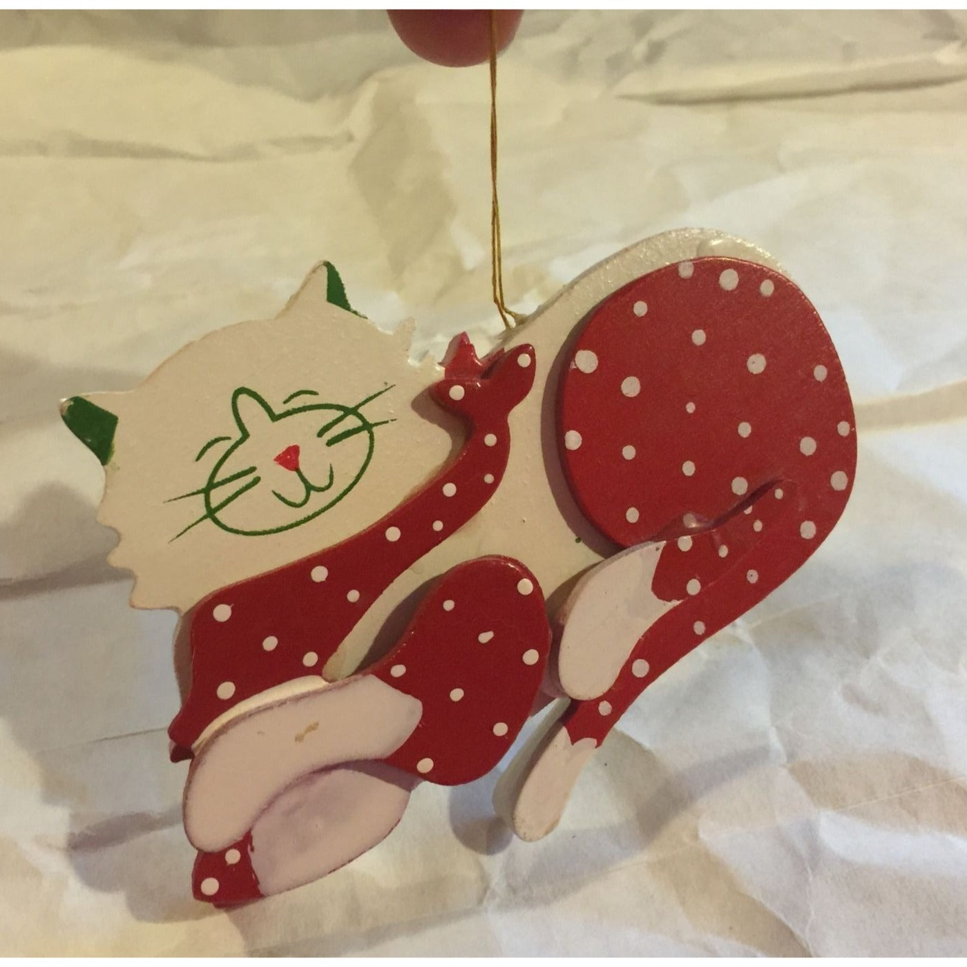 Vintage Wooden Christmas Tree Ornament White/Red Spotted Cat