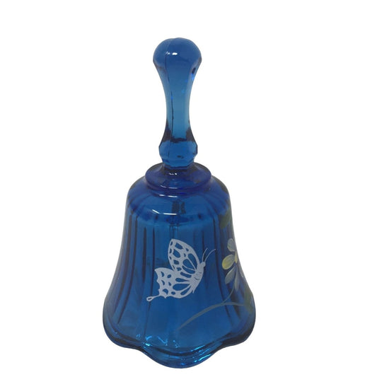 Cobalt Blue Hand Bell with Hand Painted Flower/Butterfly on front of it. Has a Ruffled look on the edges