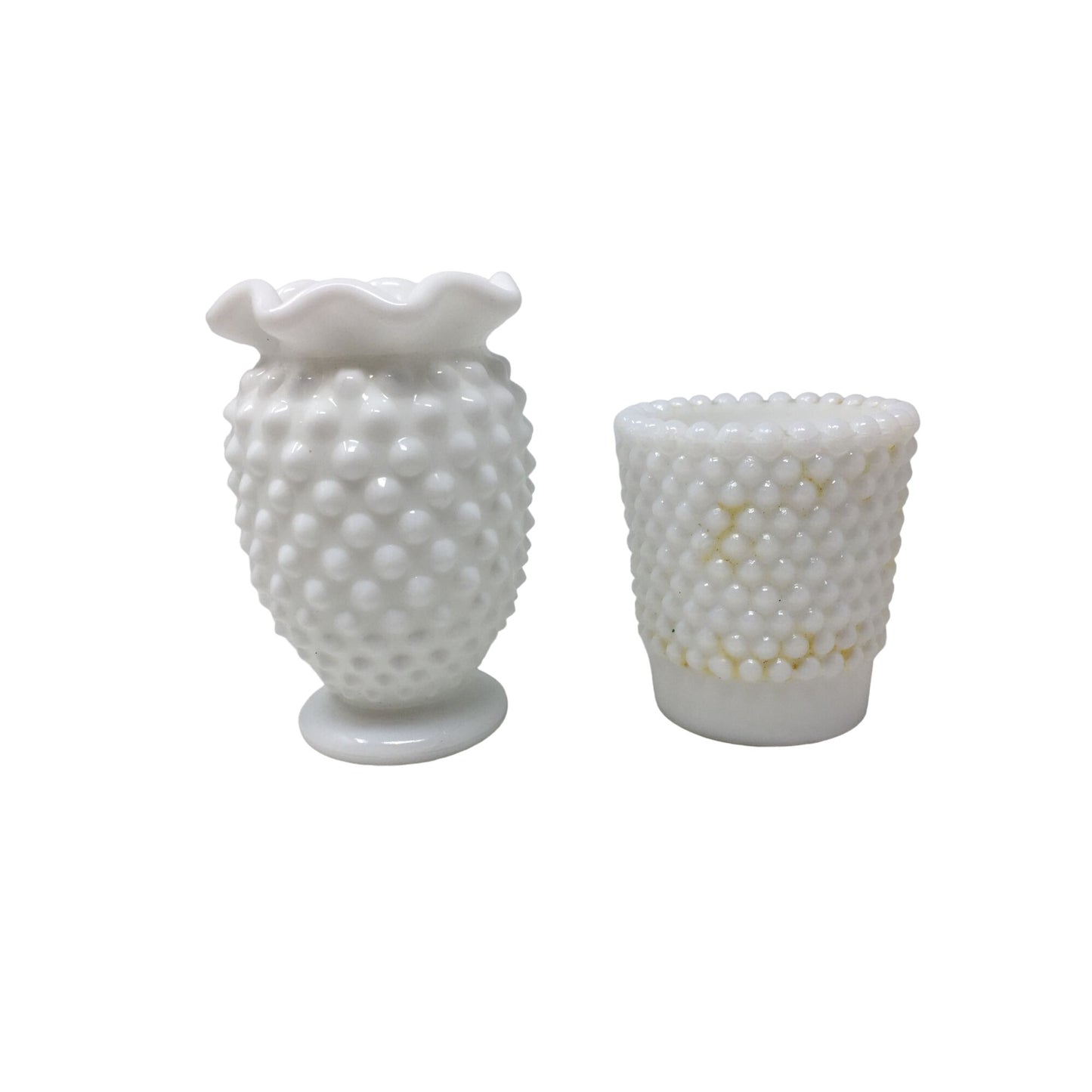 2 Small Miniature Vintage Fenton Hobnail Milk Glass Vases