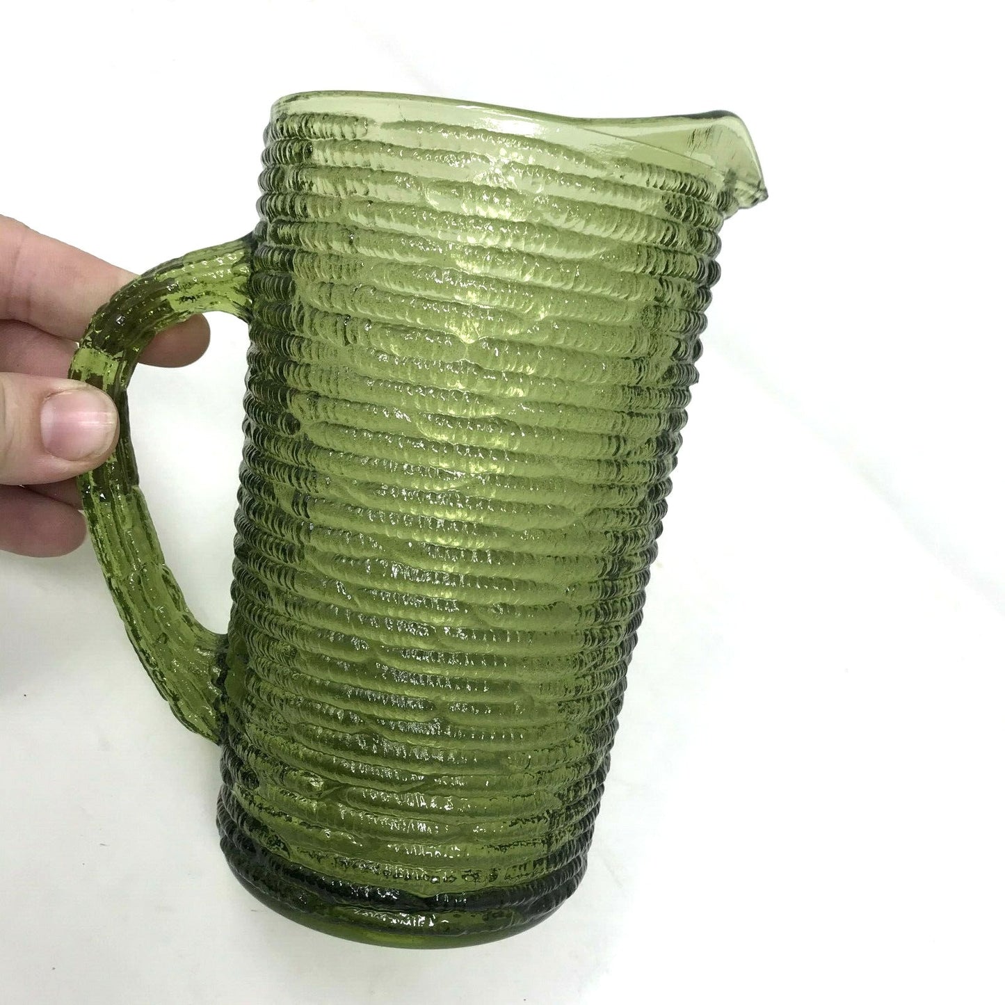 Vintage Ridged Olive Green Glass Pitcher  6.5" H  Pretty Design - 1970s-1980s