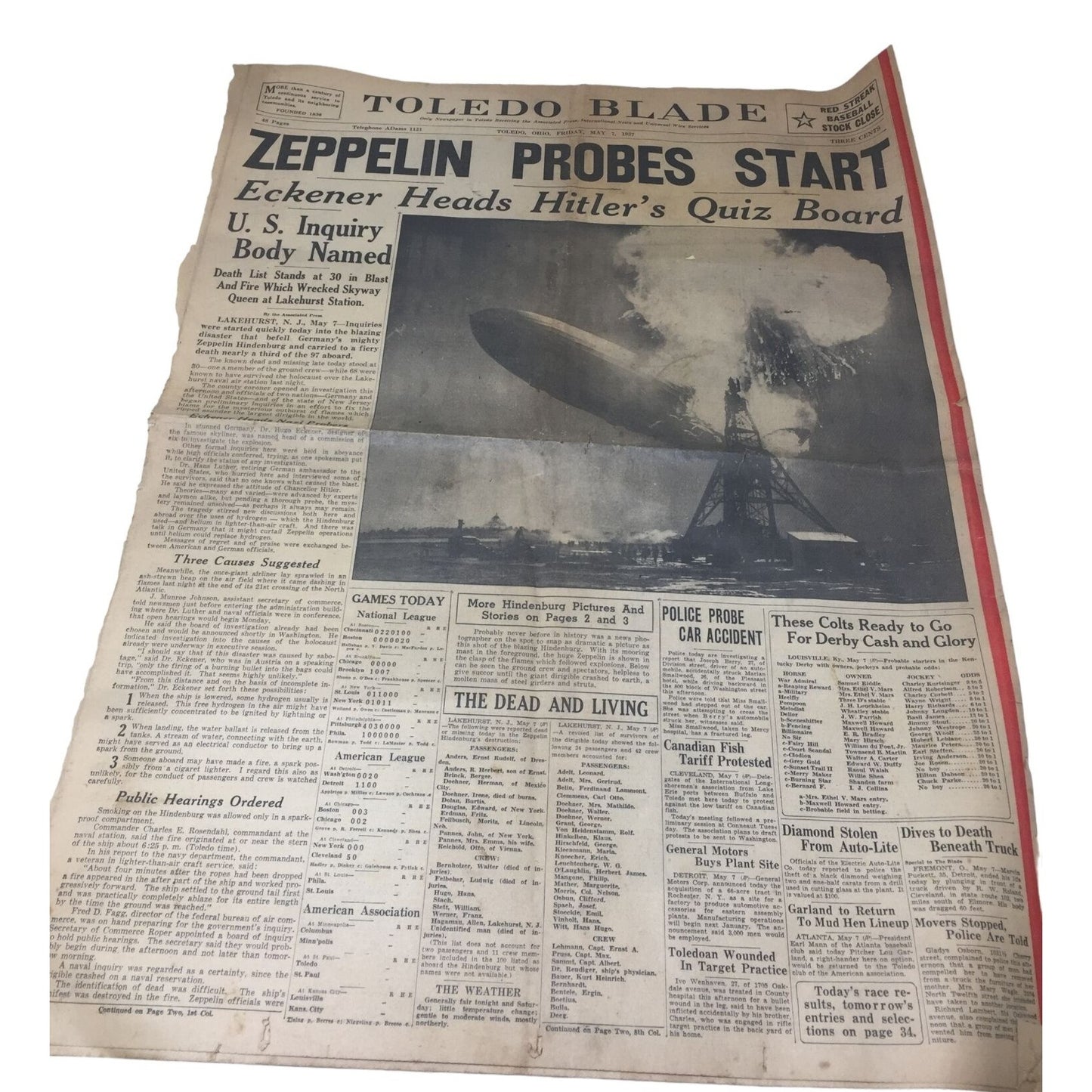 Vintage Toledo Blade ''Zeppelin Probes Start" Collectible Newspaper