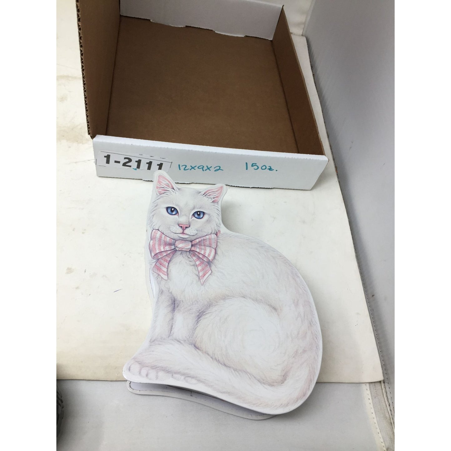 White Cat Shaped Tin Box - Two Sides of  Art with Pretty White Cat with Pink Striped Bow & Blue Eyes