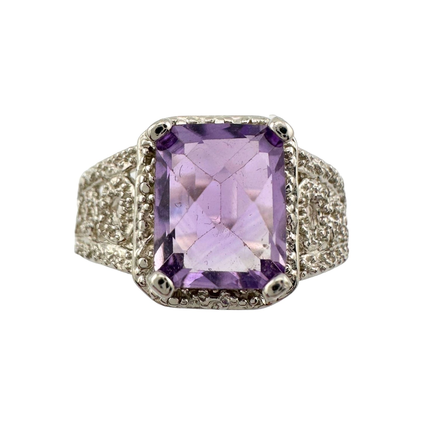 Beautiful Emerald Cut 2.25 Carat Amethyst Ring - Sterling w Diamond Accent Size 8