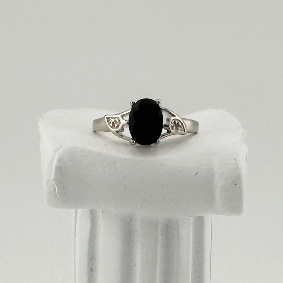 Black Sapphire and Diamond Accent Oval Ring - Sterling Silver - Size 7 - Simple Beauty!