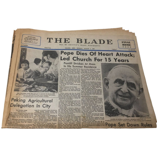 The Blade Newspaper Mon. August 7, 1978 Pope Dies of Heart Attack; Led Church for 15 Years