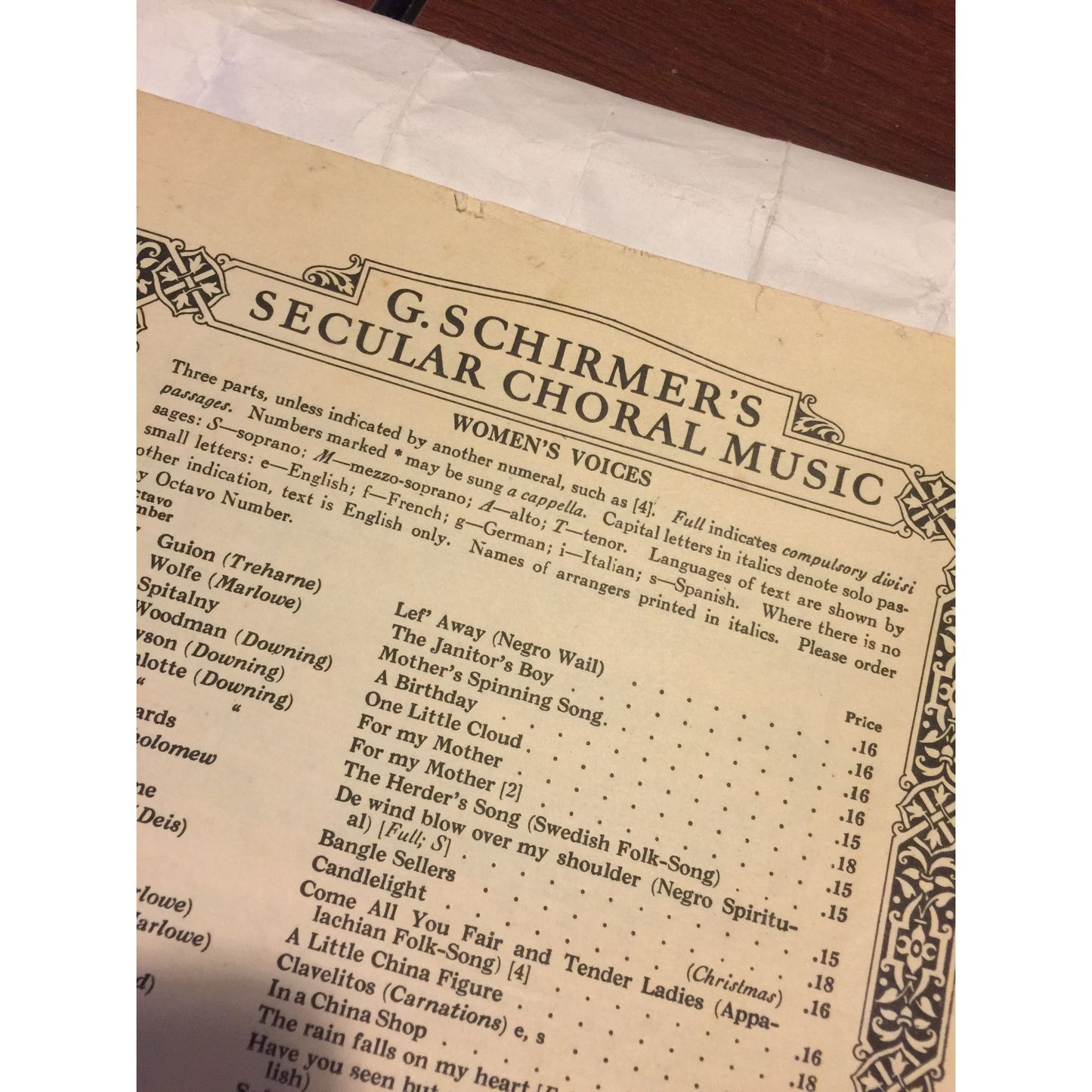 G. Schirmer's Secular Choral Music Vintage Sheet Music