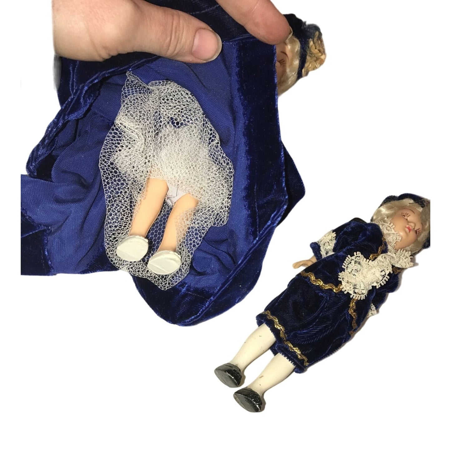 Vintage Collectible Pair of Colonial Times Dolls Wearing Blue/White Velvet Dresses