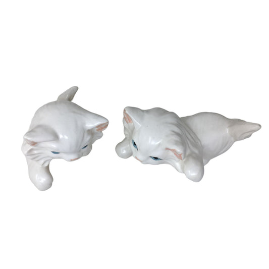 White Persian Cat Decor - Mom Cat Planter/Vase + 2 Blue Eyed Kitten Statues / Figurines