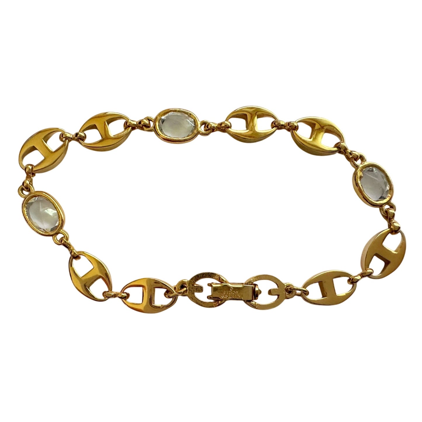 Givenchy Oval Mirrored Gs Gold Plate Bracelet with Clear Gemstones