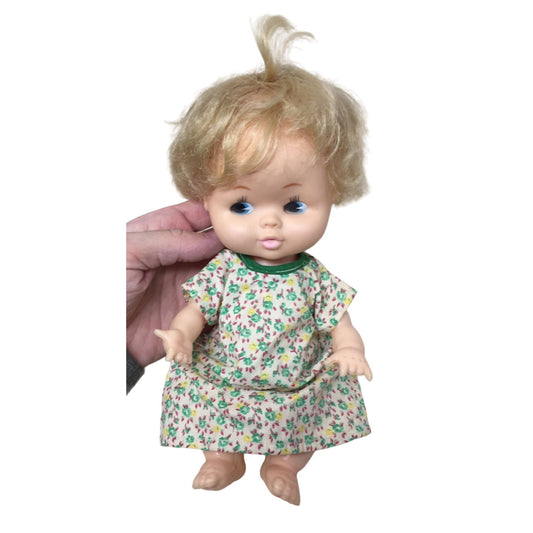 Vintage Collectible Baby Doll Blonde Hair/Green Floral Printed Dress- Rattles when you shake it