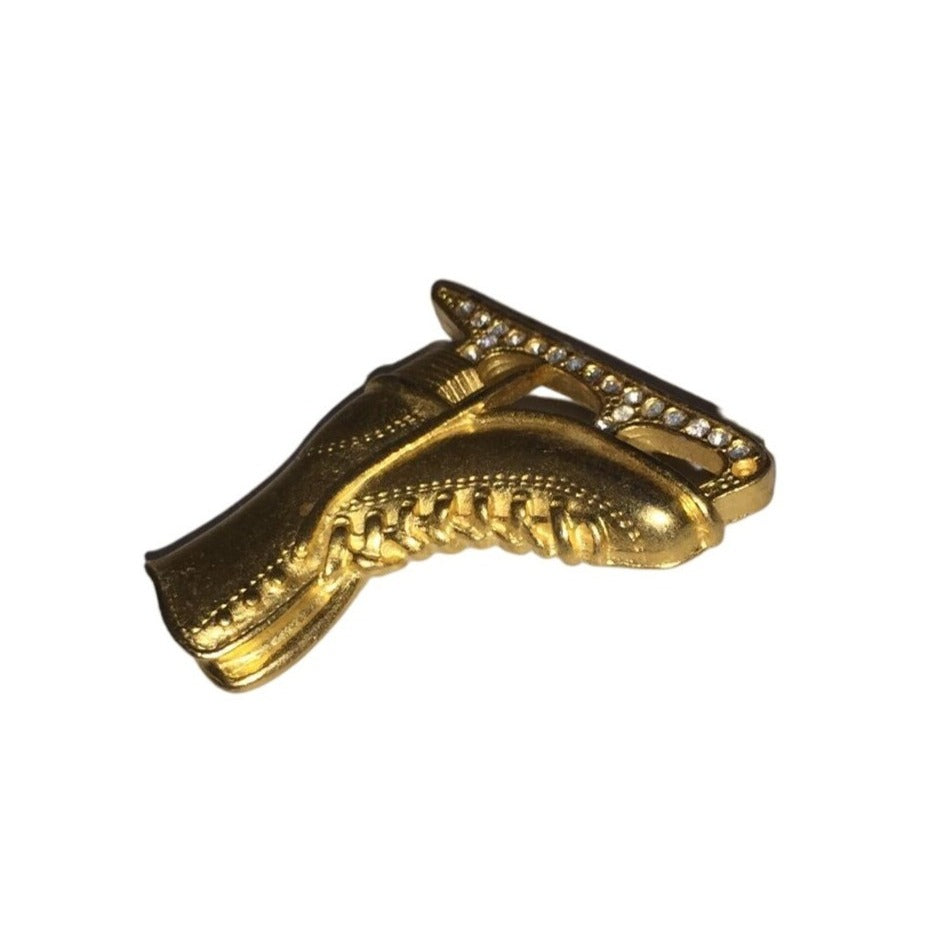 Vintage Minimalist Gold Tone Rhinestone Ice Skate Brooch Pin