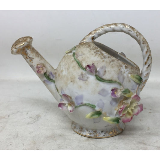 Vintage Napco #565 Ceramic Ball Shaped Watering Can 3D Hand painted Flowers