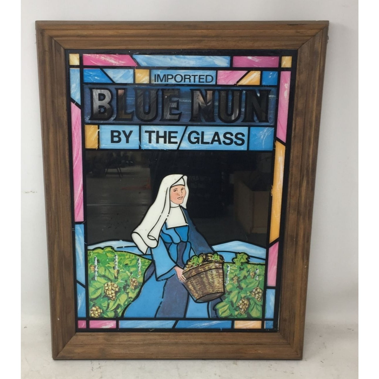 Vintage Blue Nun By The Glass Stained Glass Bar Mirror - about 18x14 inches