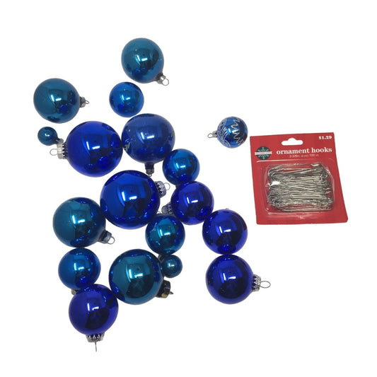 Assortment of 18 Blue Christmas Tree Ornaments w/ Ornament hooks