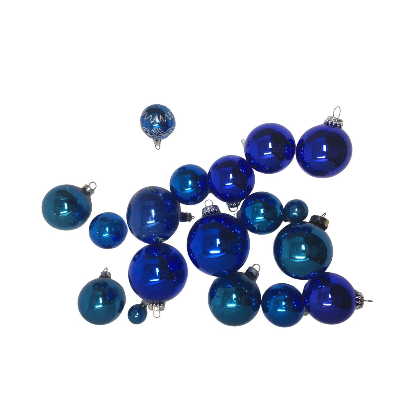 Assortment of 18 Blue Christmas Tree Ornaments w/ Ornament hooks