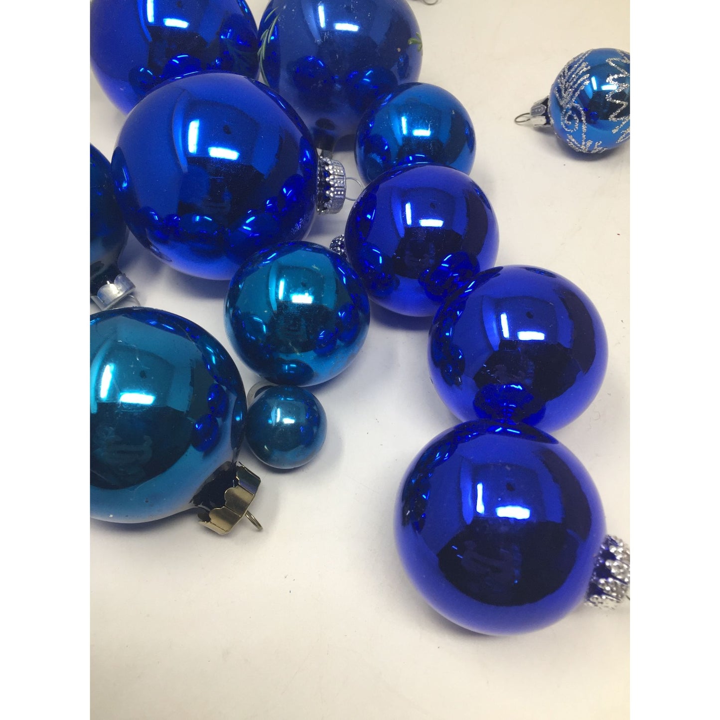 Assortment of 18 Blue Christmas Tree Ornaments w/ Ornament hooks