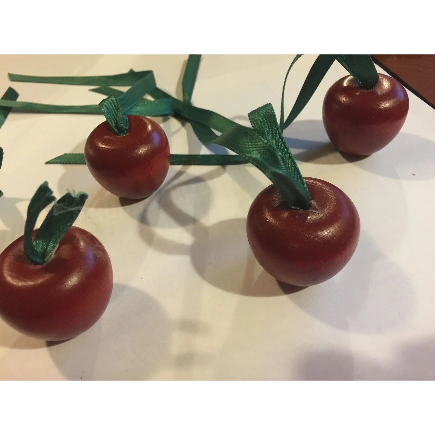 Set of 5 Christmas Ornaments- Wood Cherries/Apples Red with Green Ribbon - A+ Stuff