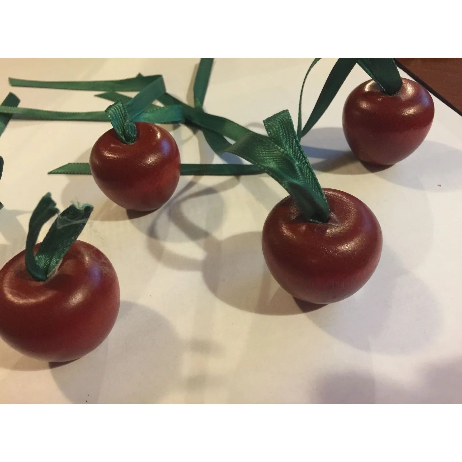 Set of 5 Christmas Ornaments- Wood Cherries/Apples Red with Green Ribbon - A+ Stuff