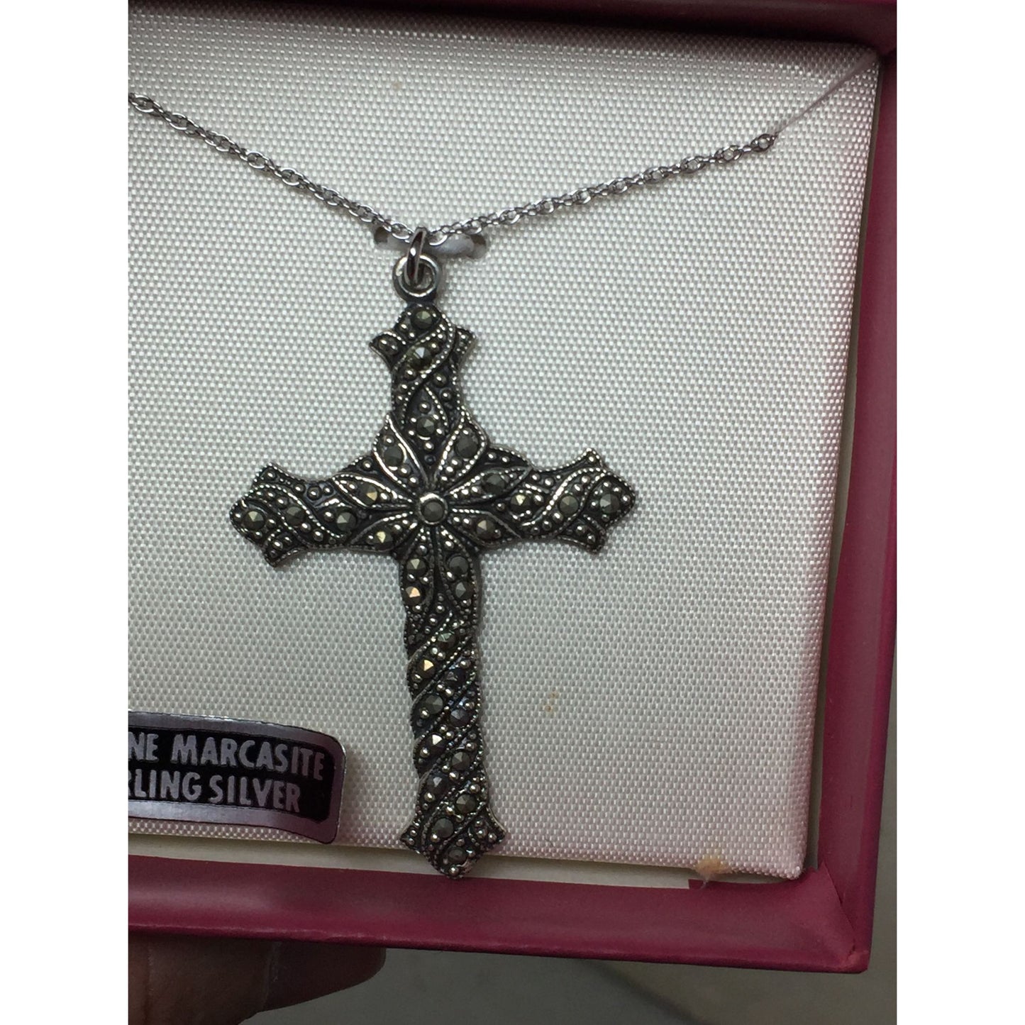 Women's Genuine Marcasite Sterling Silver Cross Crucifix Religious Necklace