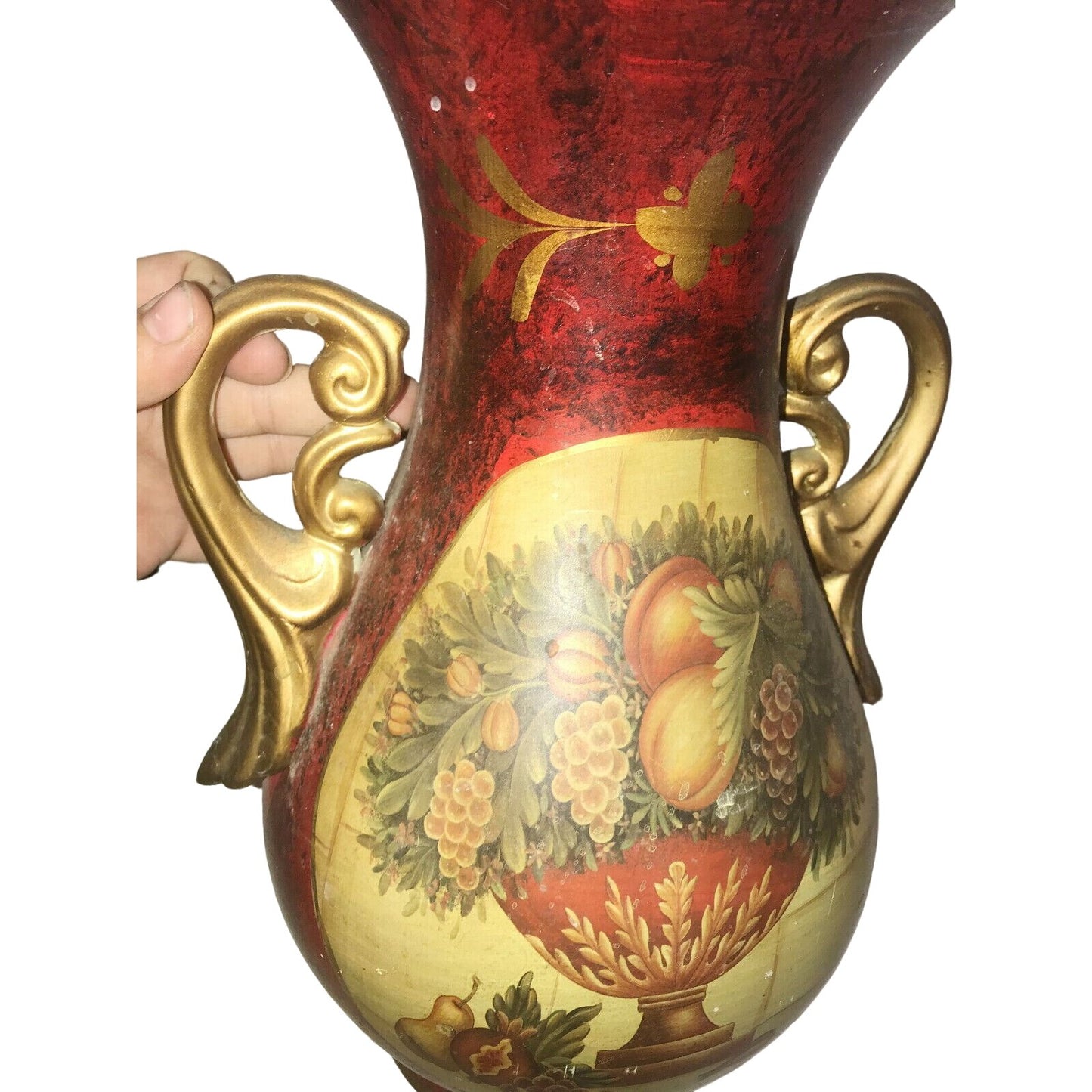 Pretty Decorative VASE with FRUIT BOWL ART Red Gold Handles