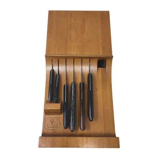 Vintage Flint Stainless Vanadium Six Piece Cutlery Set W/ Wood Storage Block