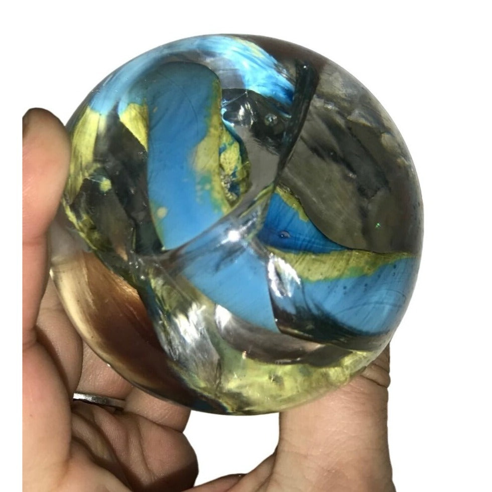 Art Glass Blue Green Yellow Swirled Paperweight