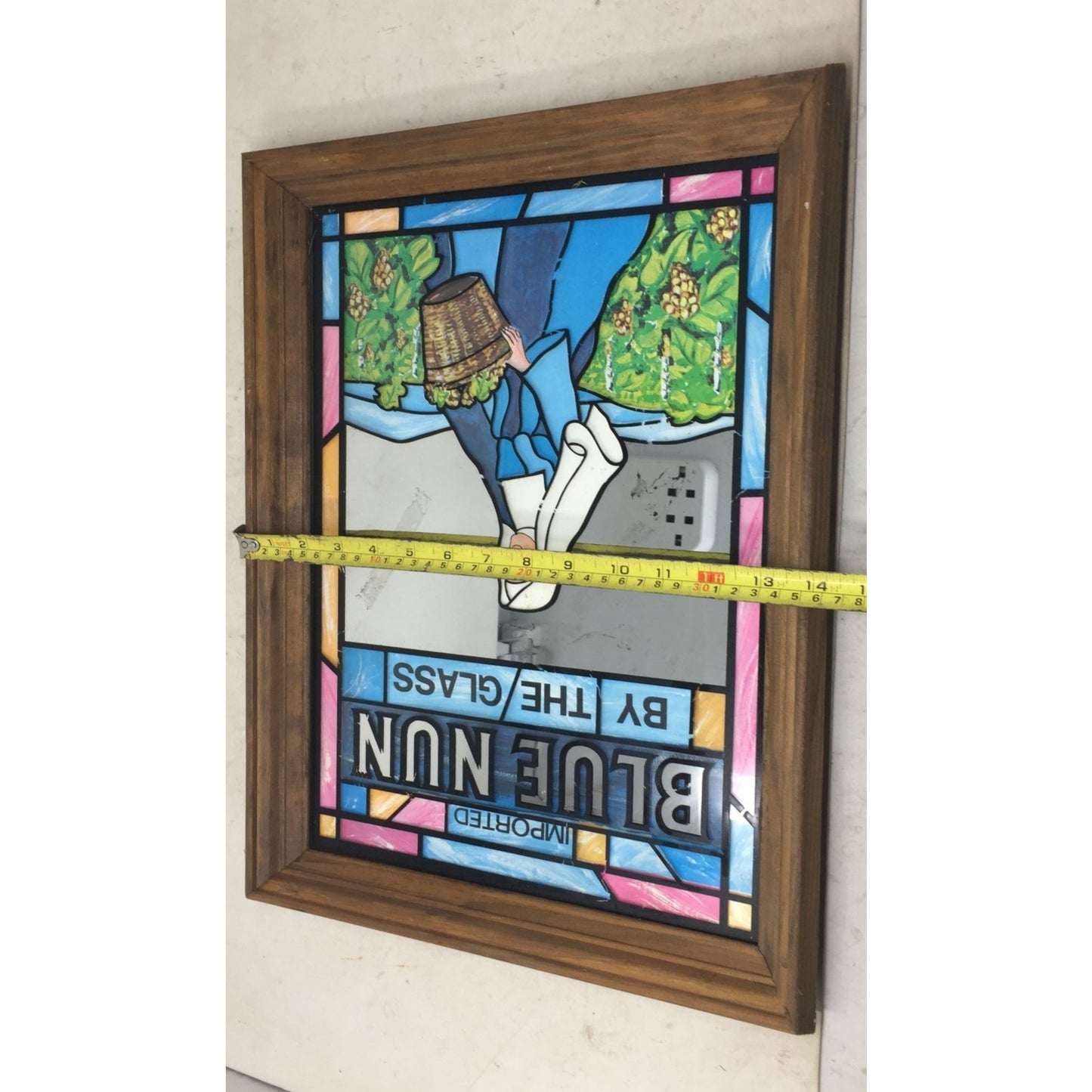 Vintage Blue Nun By The Glass Stained Glass Bar Mirror - about 18x14 inches