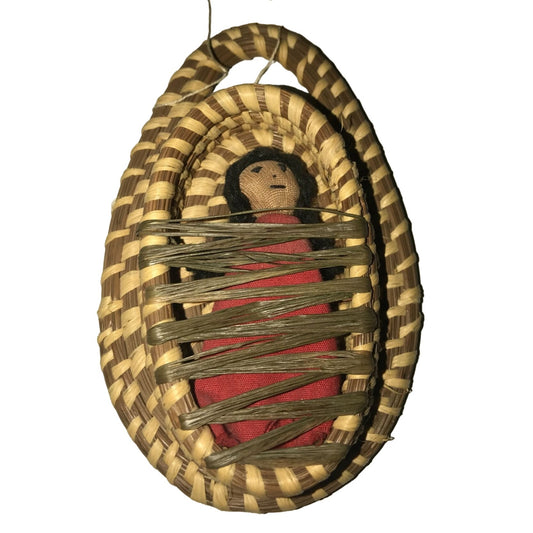 Vintage Handmade Papoose Doll in Cradle Made From Pine Needles & Raffia