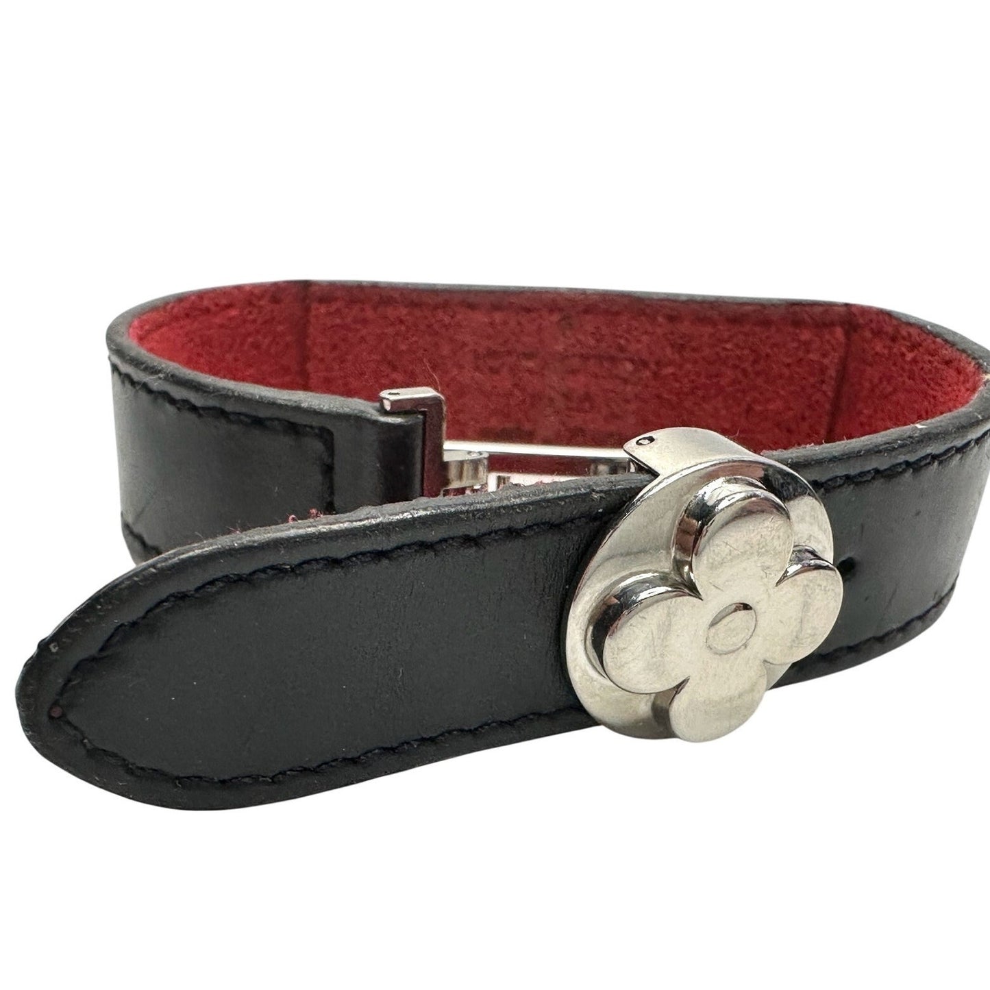 Louis Vuitton (LV) Black Leather Monogram Wish Bracelet with Red Leather on Inverse