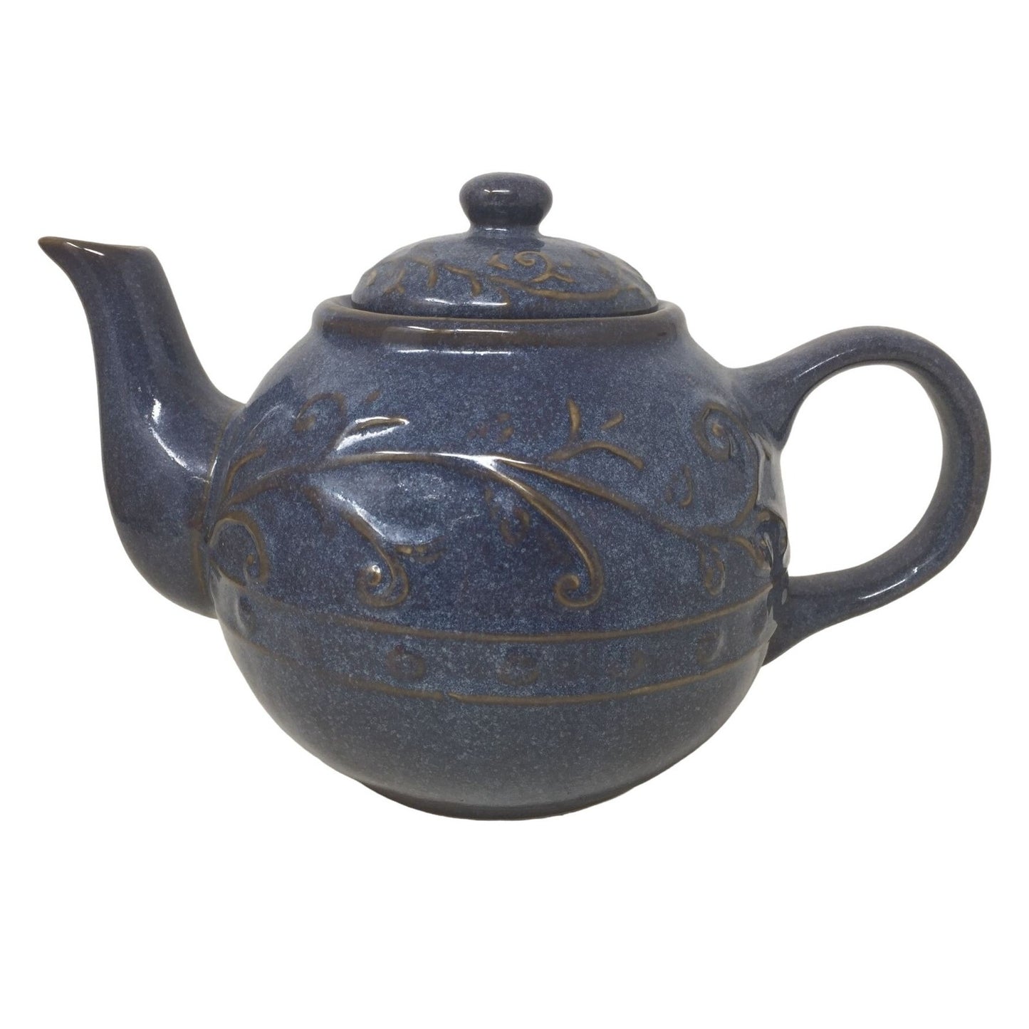 Navy Blue Ceramic Lidded Teapot with Swirl/Leaf Design (about 6 inches tall)