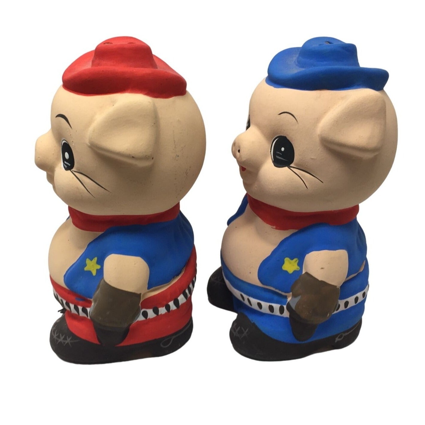 Vintage Hand Painted Salt and Pepper Shakers- Porky & Petunia Pig Sheriffs