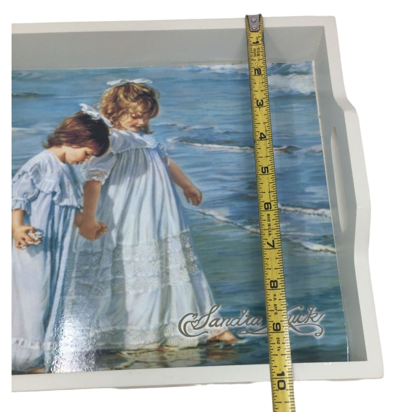 Girls Collecting Shells on the Beach Scene Serving Tray - Sisters on the Beach - White Wood Frame Sandra Kuck