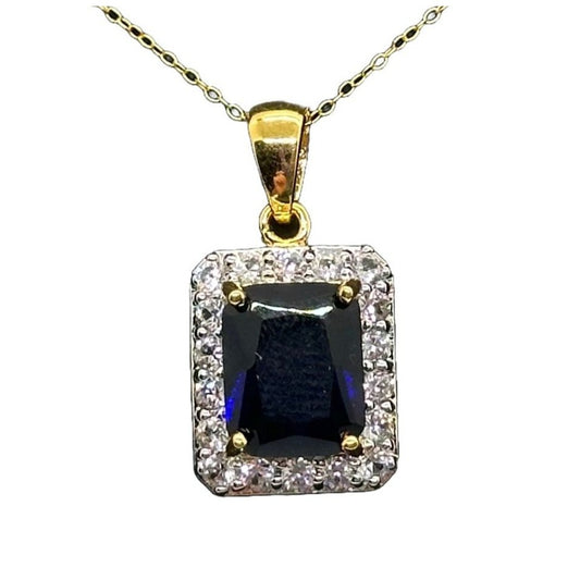 Beautiful 4 Carat Emerald Cut Blue Amethyst Pendant Heart Filagree Pattern Gold Overlay Sterling Silver