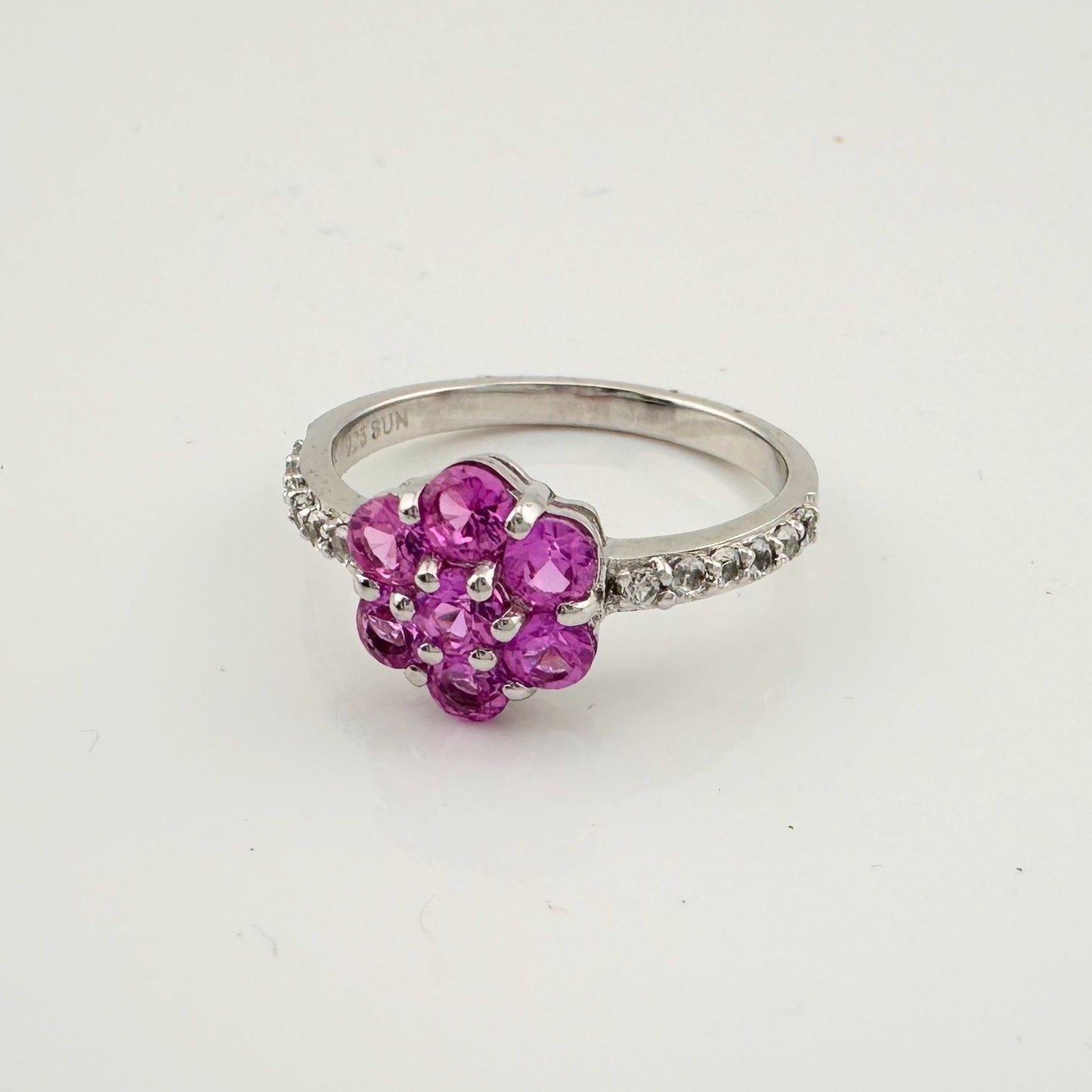 Pretty and Bright - Pink Lab Created Sapphire Petals Flower Ring - Sterling Silver Size 7.25