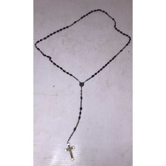 Rosary Necklace Chain w/ Black Beads- Catholic Cross Crucifix- about 20.5 inches long