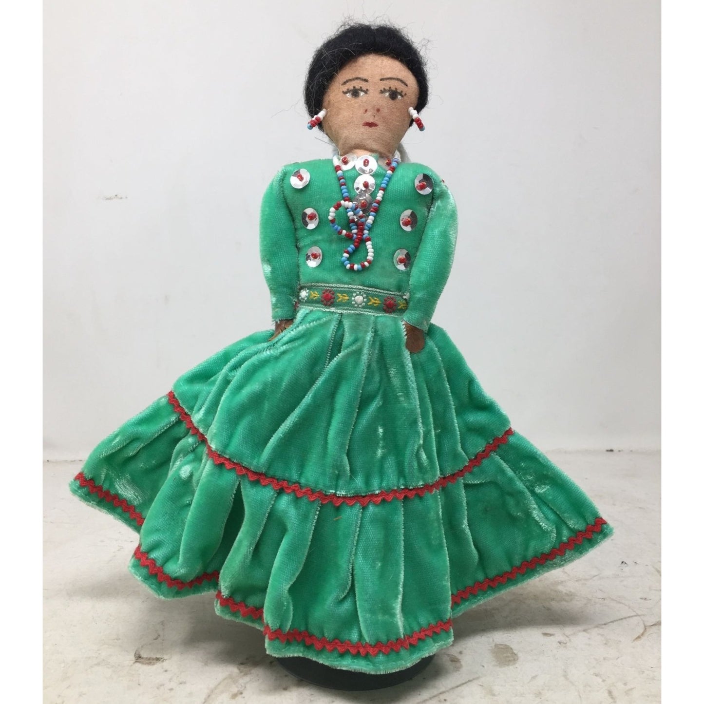 Native American Navajo Hand Made Indian Doll Wearing Green/Red Dress