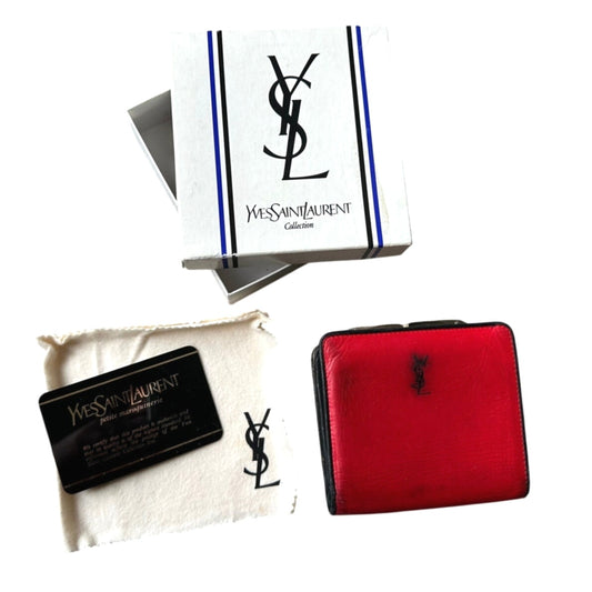 Yves Saint Laurent YSL Red Leather Bifold Wallet with Kisslock Coin Pouch