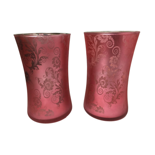 Pair of Red & Patterned Woodwick Candle Holders - each about 7" tall