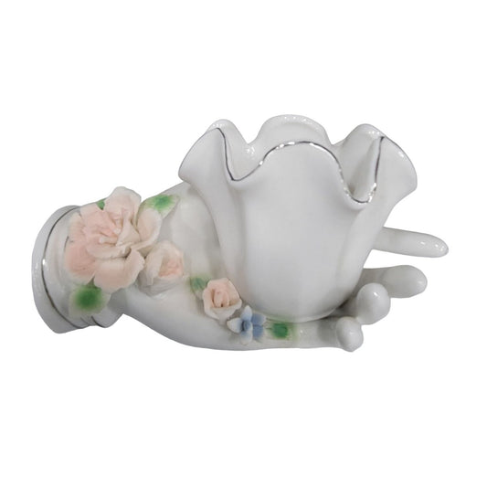 Porcelain Hand Trinket or Votive Holder  with Roses / Rosettes at wrist - Gold Accents Mid-century Believed to be Lefton China