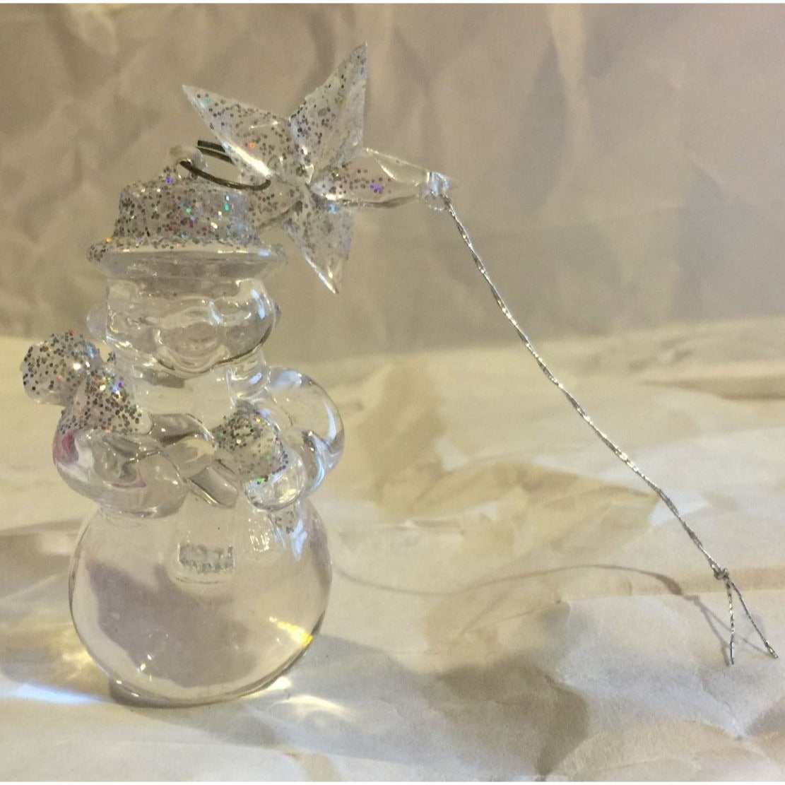 Vintage Clear Sparkly Snowman Christmas Tree Ornament- 3 inches