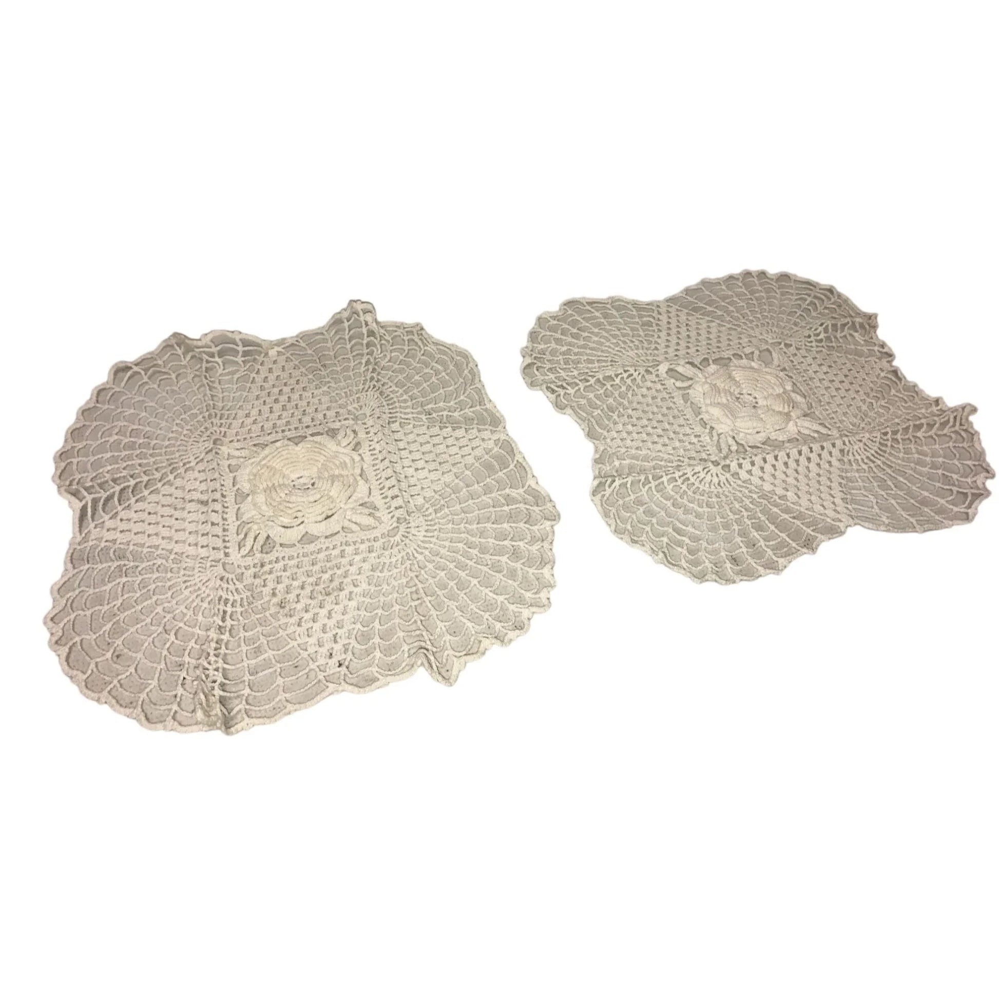 Set of 2 White/Cream Colored Handmade Crocheted Table Placemats/Doilies - A+ Stuff