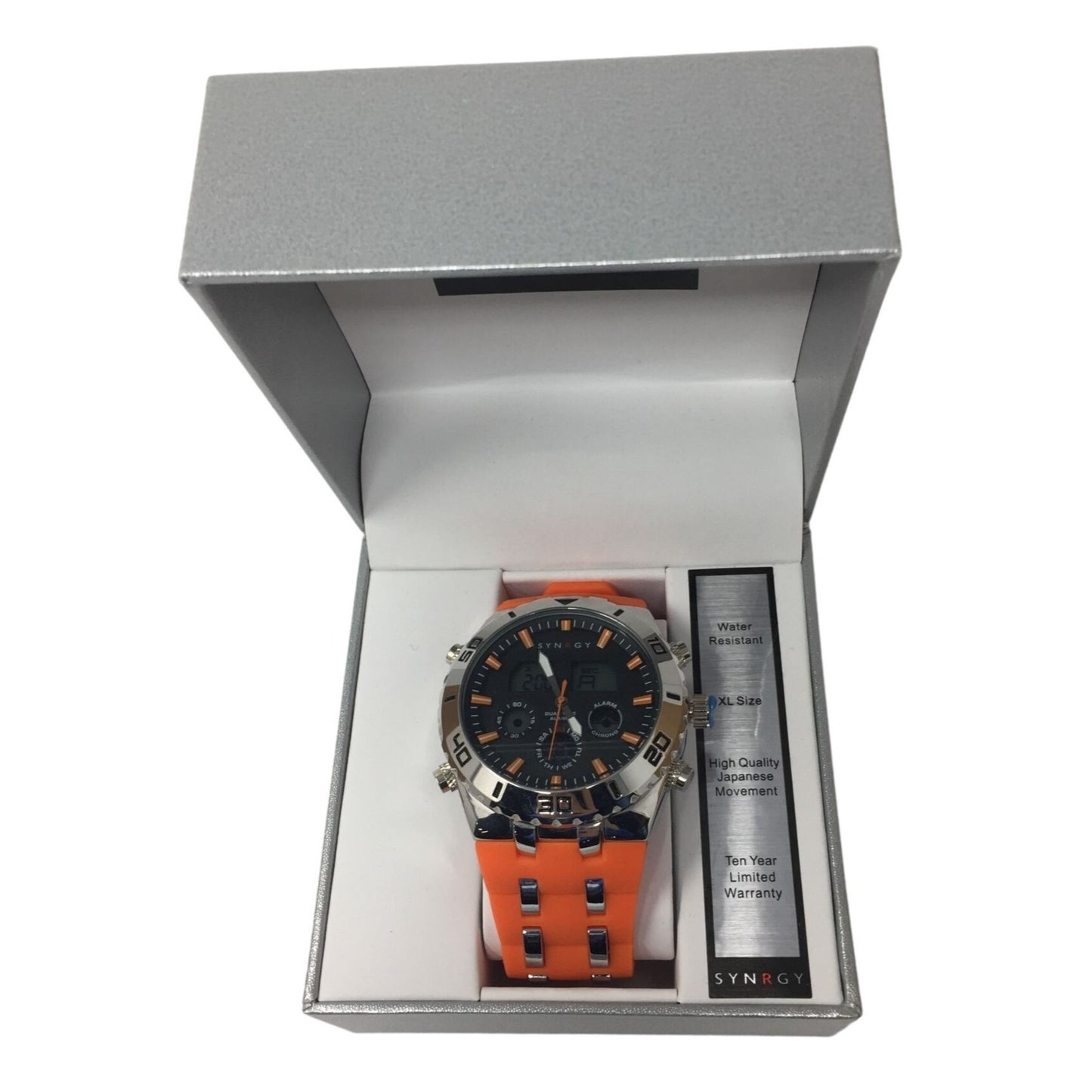 SYNRGY Mens XL Water Resistant Orange Band Watch in Box