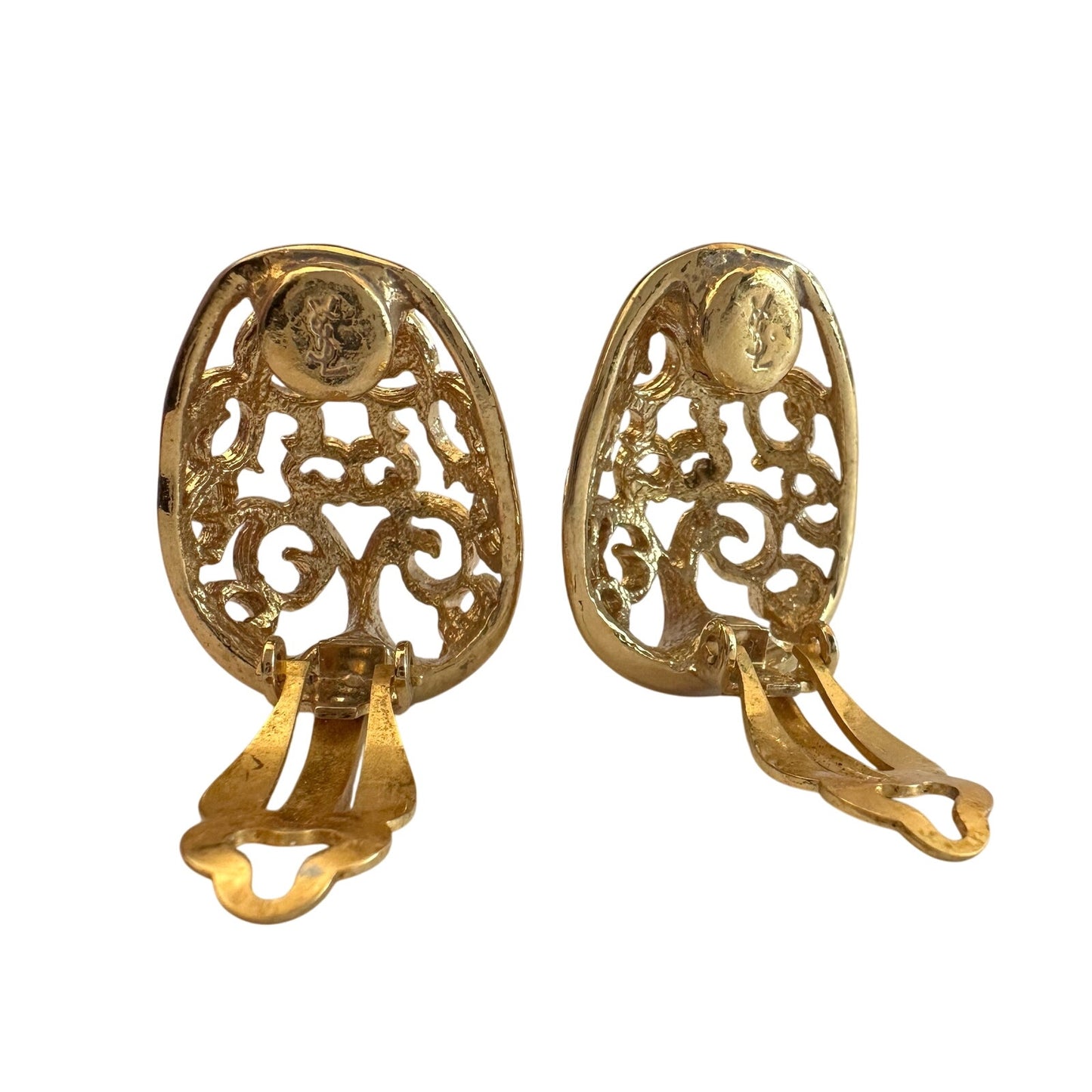 Yves Saint Laurent Logo Arabesque Pattern Gold Plate Engraved Earrings - Clip On